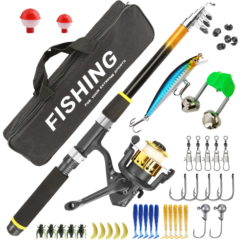 Freshwater Line - 伸縮式釣り竿セット、グラスファイバー製スピニングリール、フルキット、ハード・ソフトベイト、淡水・海水対応、初心者釣り人向け